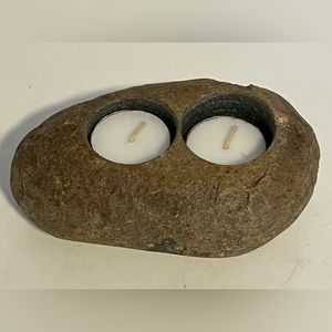 Tea Light Candle Holder/Paperweight Heavy Rock Stone Flat Bottom 2 Votive Candle